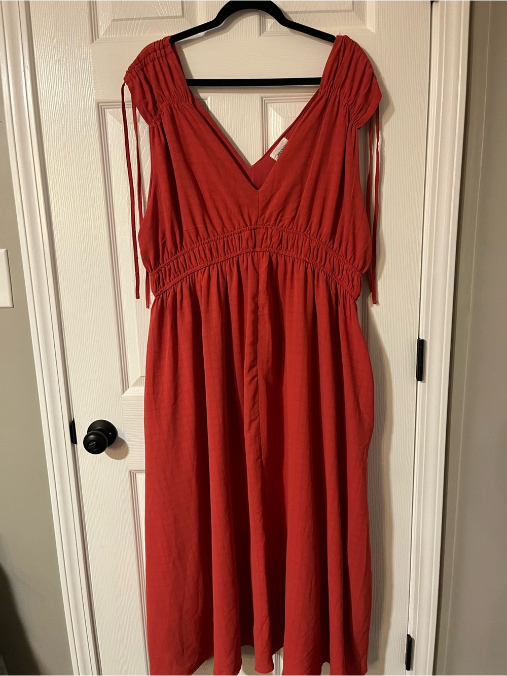 V-Neck Smocked Waist Midi Dress in Coral Pink